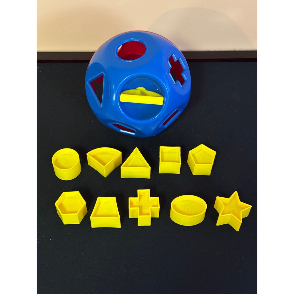Vintage Tupperware Shape-O Toy Red Blue Ball Sorter with 10 Yellow Shapes 1-10